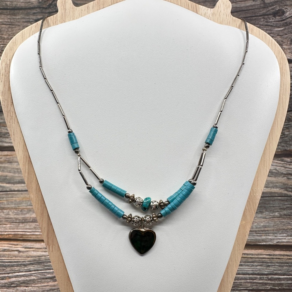 Turquoise Tone Beaded Heart Pendant Necklace Silver Tone Boho Vintage Statement